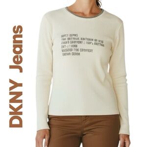 DKNY Jeans Sweater Women’s Ivory Front Graphic Rib Knit Sz M